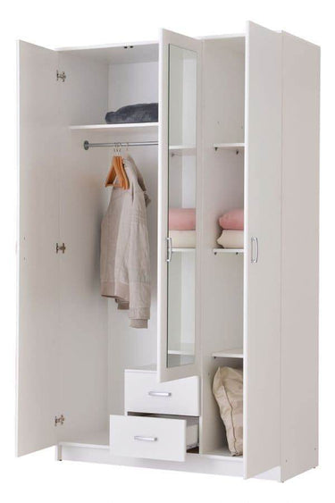 Kano White Three-Door Wardrobe: Elegant Storage with Mirror, Drawers, and Hanging Rail - UK Luxury Furniture